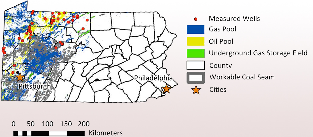 Map of Pennsylvania showing locaiton of oil and gas wells