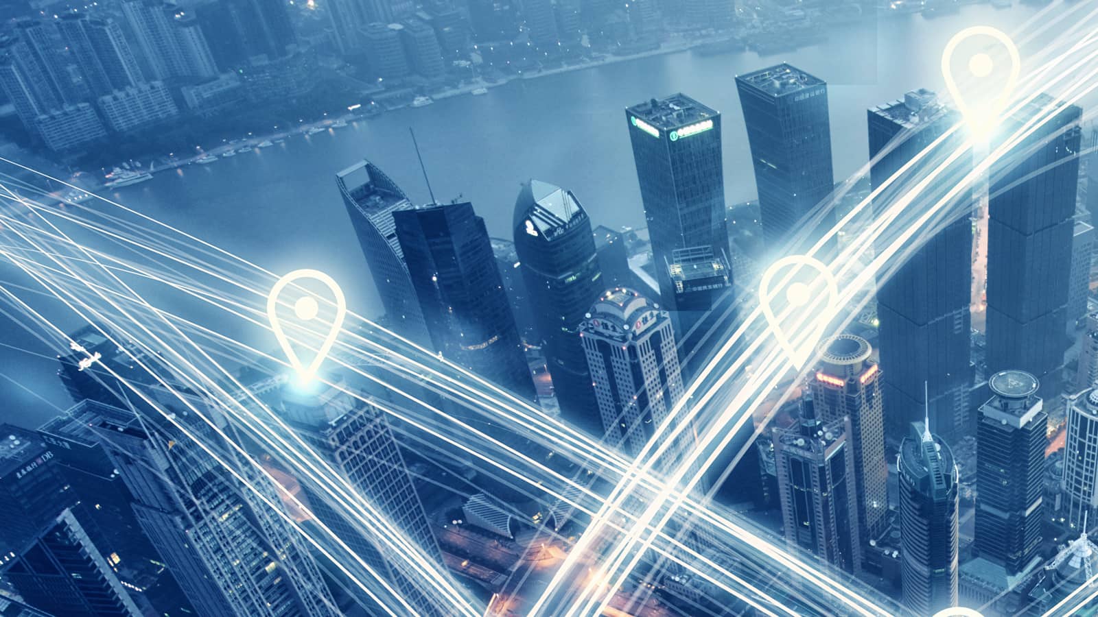 Stock image of city with drawn invisible internet connections