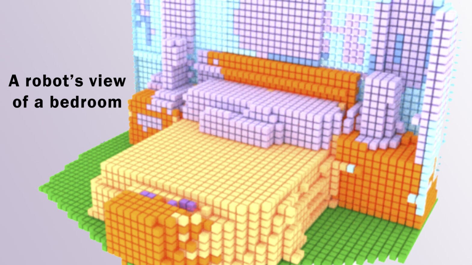 A colorful robots'-eye view of a bedroom.