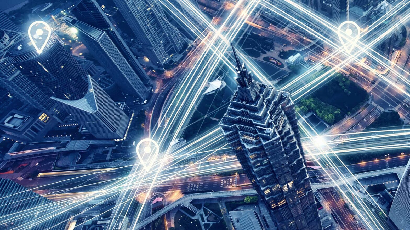 Stock art of city and illustration of broadband connections envisioned as light