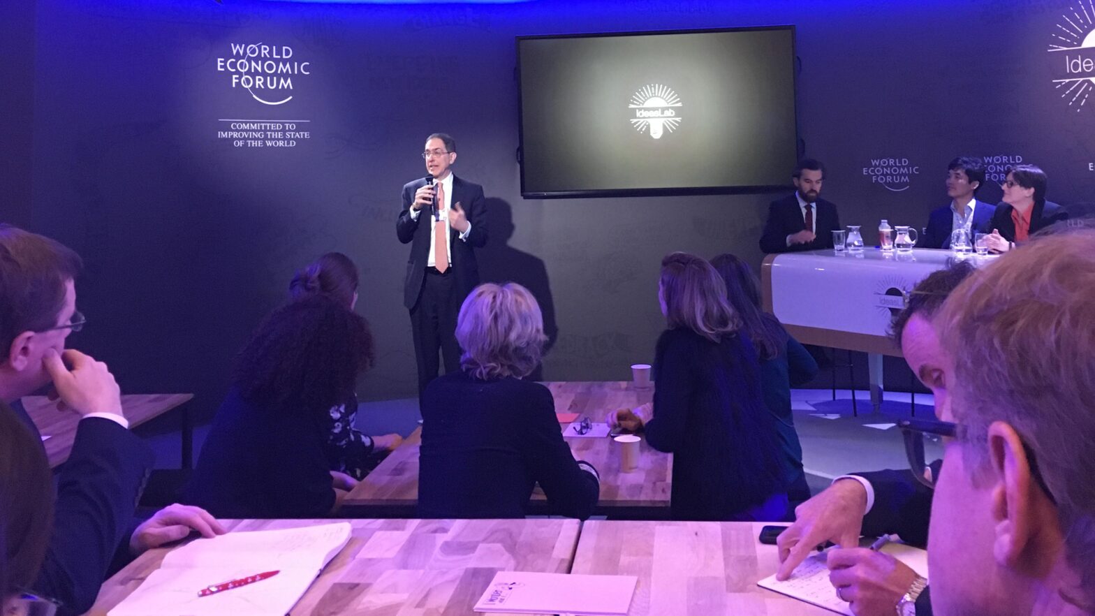 Princeton University President Christopher L. Eisgruber introduces an “IdeasLab” panel on “Understanding Neural and Digital Networks” on Thursday, Jan. 25, at the World Economic Forum in Davos, Switzerland.  Photo courtesy of World Economic Forum.