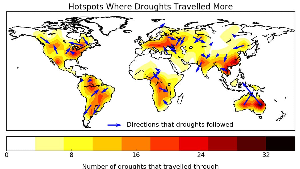 Map of world showing hot spots where droughts occur