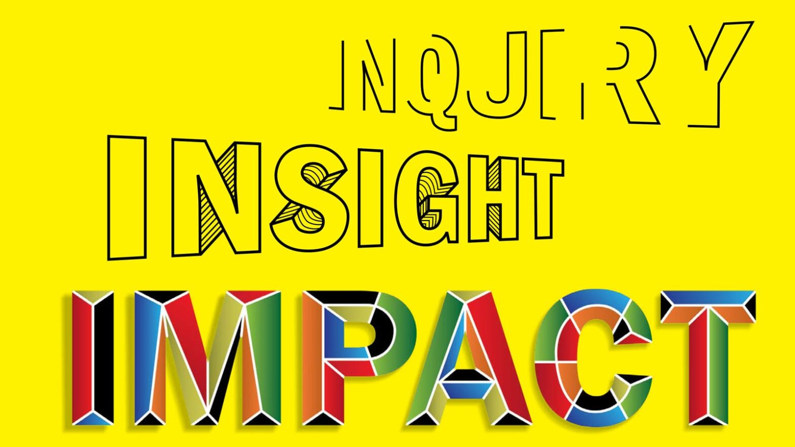 Graphic treatment of the words "Inquiry Insight Impact" on yellow background