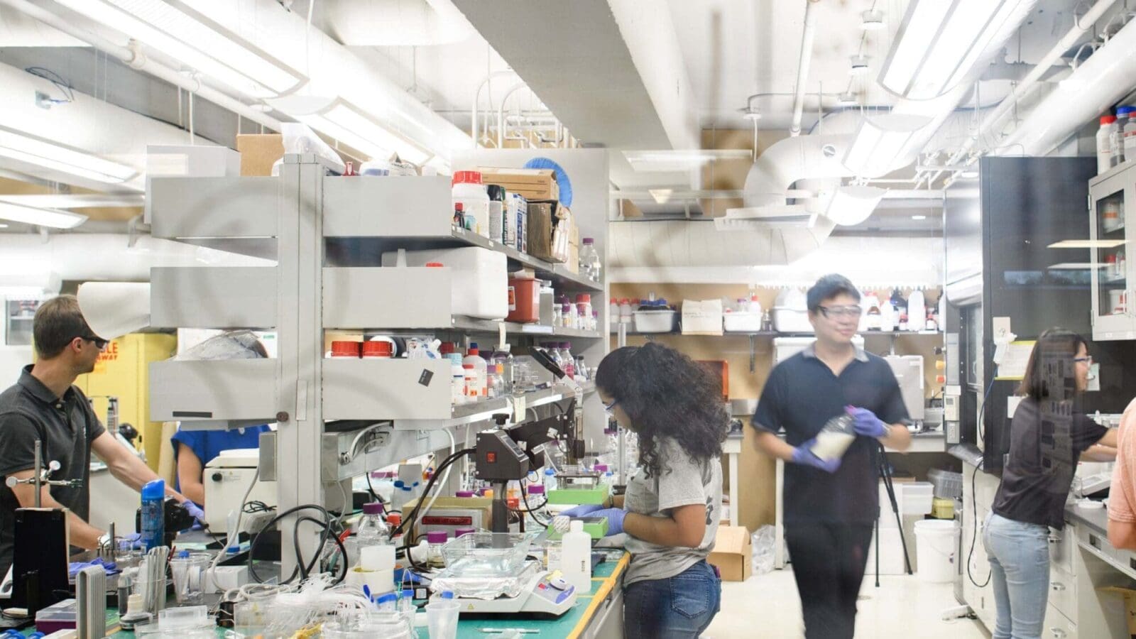 Students work in Howard Stone's lab.
