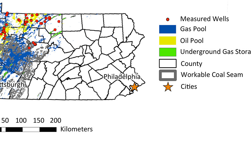 Map of Pennsylvania showing location of gas and oil wells