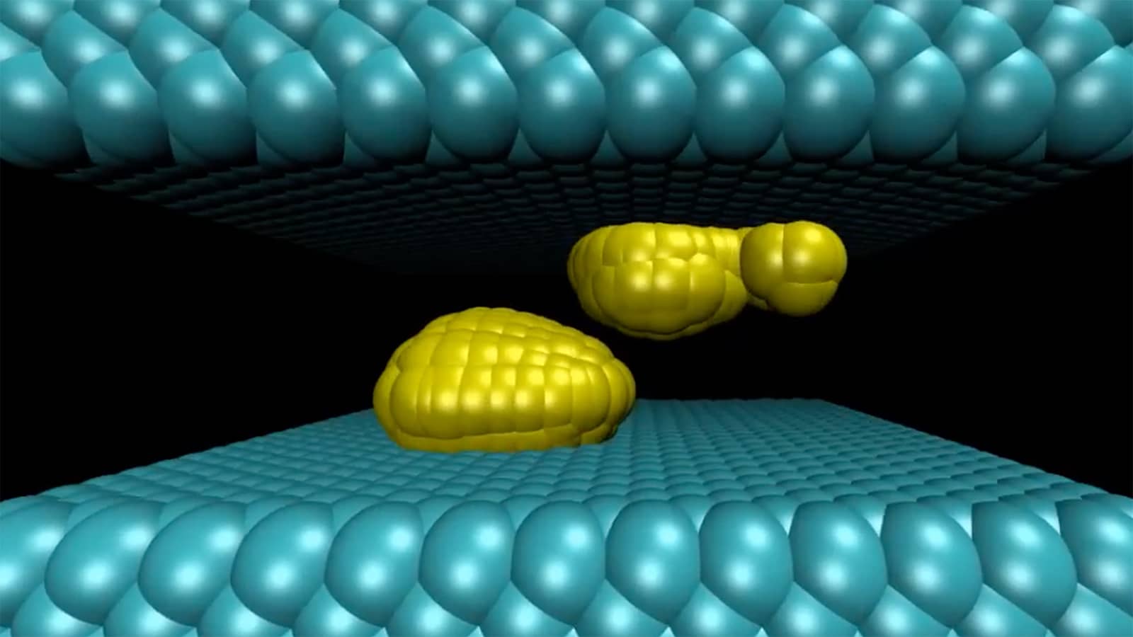 Scientific illustration of blue and yellow bubbles: Bubbles collide in biological self-assembly