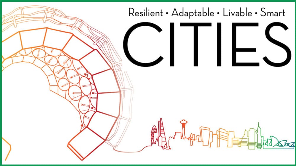 Colorful sketch logo of resilient, adaptable, livable, smart cities.