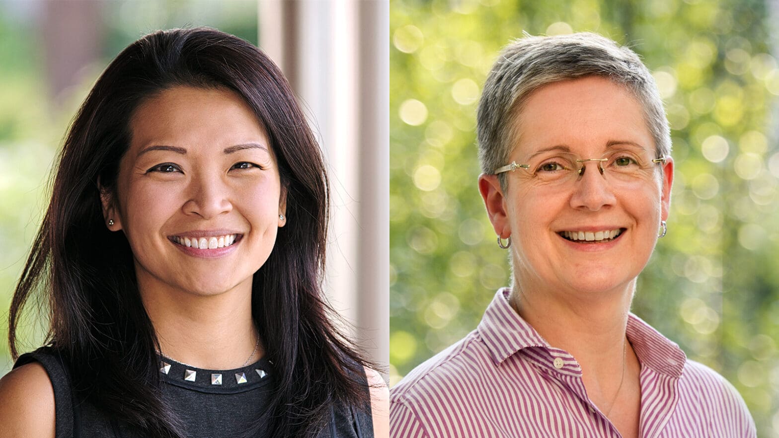 Side-by-side portraits of a woman with long dark hair and a woman with short light hair