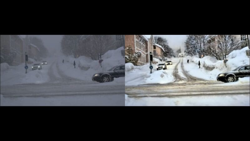 Before-and-after images of computer vision technology showing a city street in heavy snow