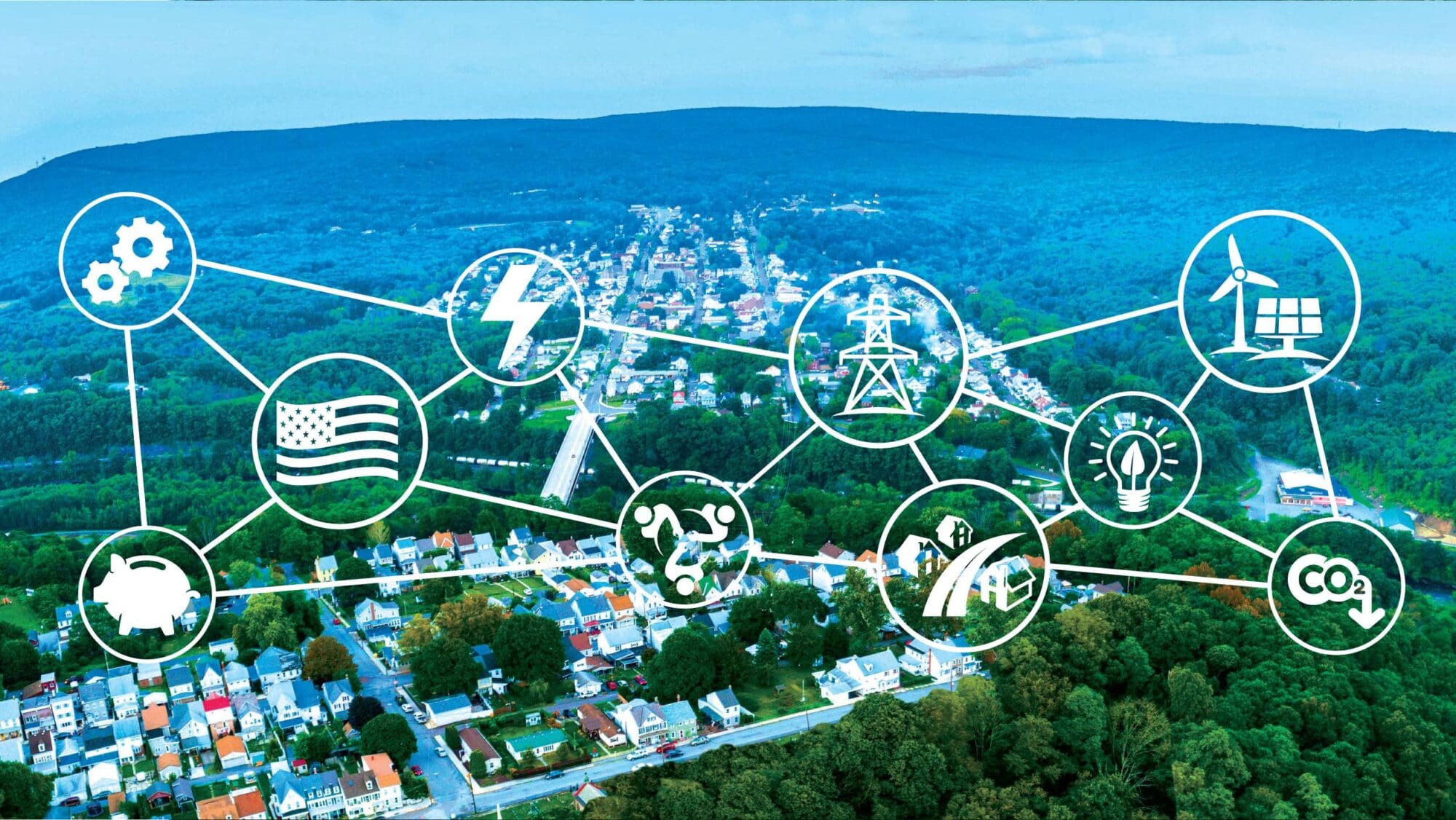 Aerial view of hillside, with a graphic overlaid showing a playful view of the energy cycle, from power plant or renewable source to power line.