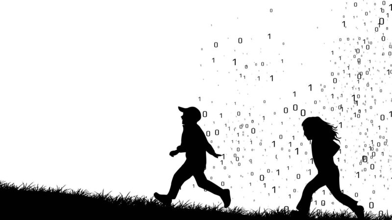 black and white silhouette illustration of two children running on grass with a cloud of ones and zeroes trailing behind