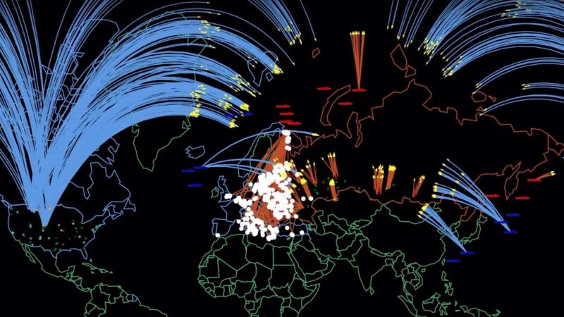 World map of simulated nuclear war