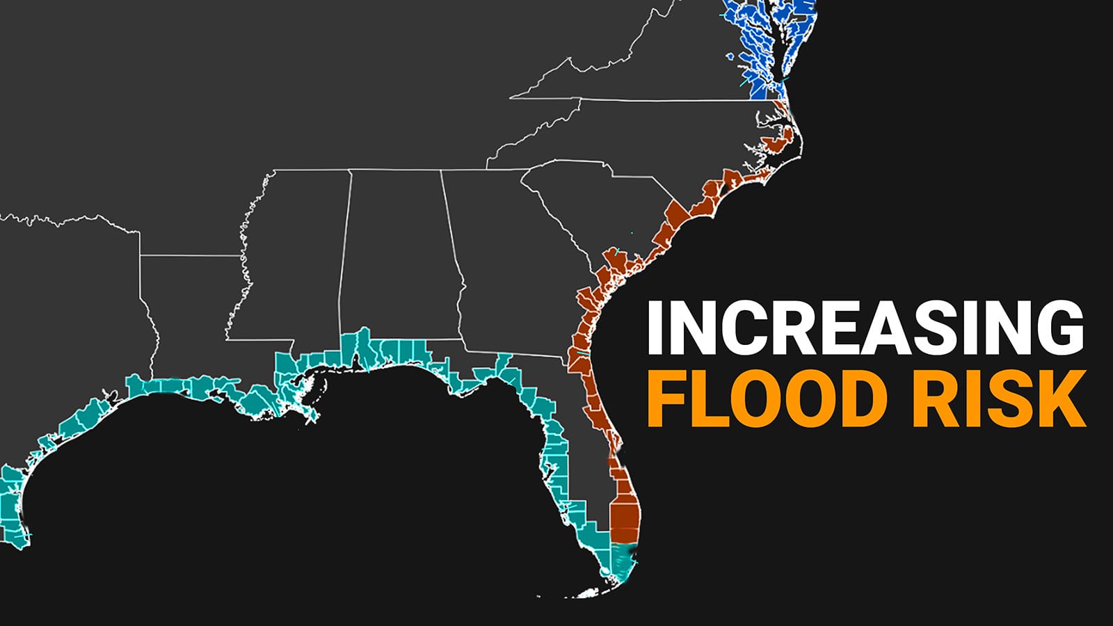Map of East and Gulf Coasts on black background with words "INCREASING FLOOD RISK"