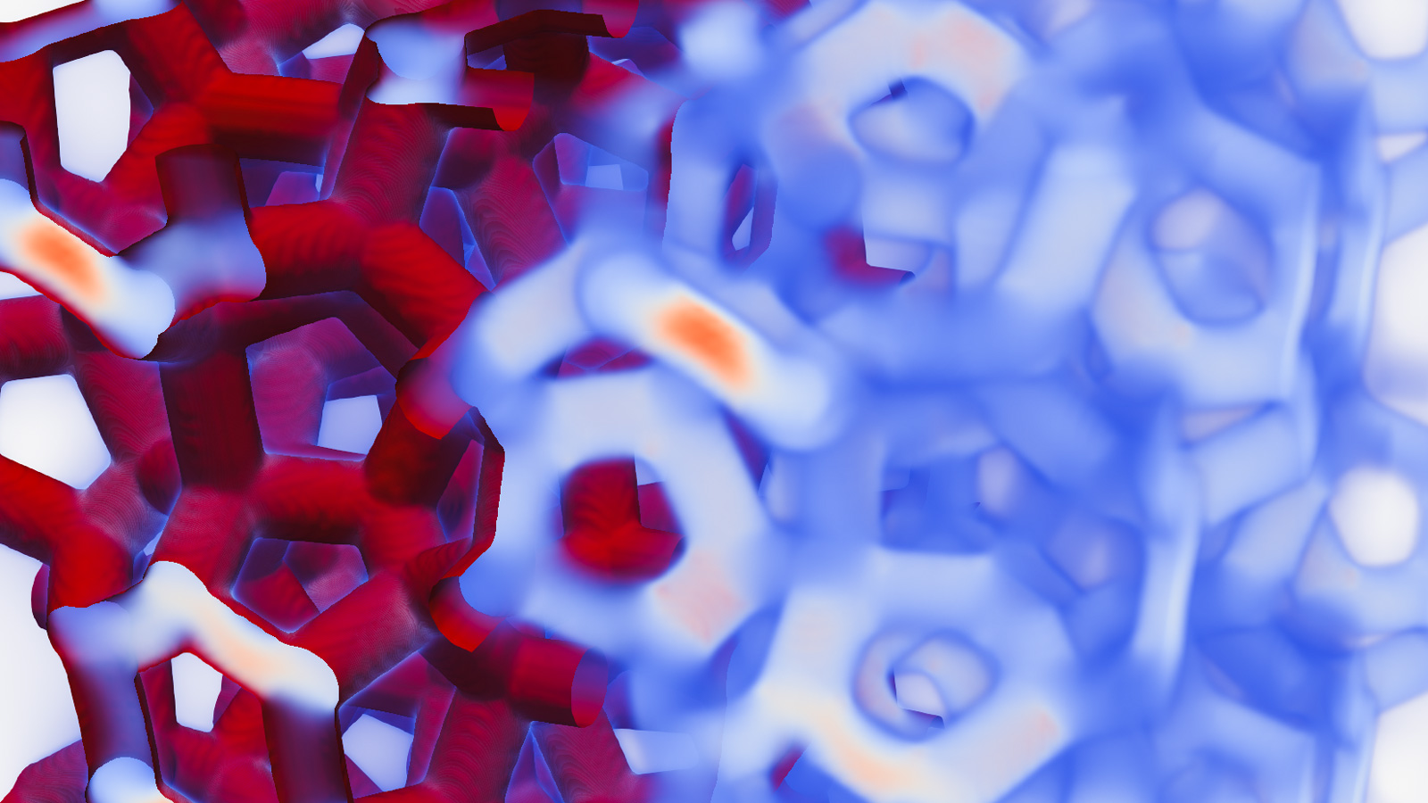Computer rendering of interlocking geometric shapes, colored in blue and white tones on the right and red tones on the left