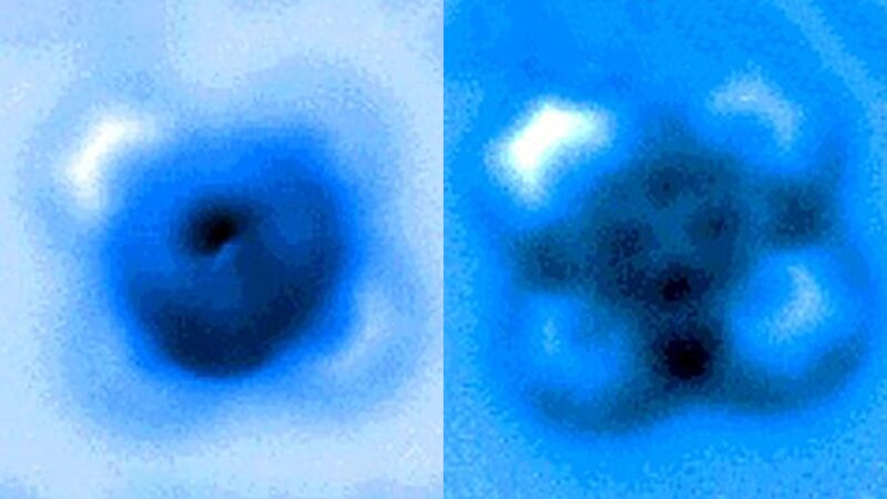 Microscope images of iron phthalocyanine molecules before and after removal of carbon monoxide