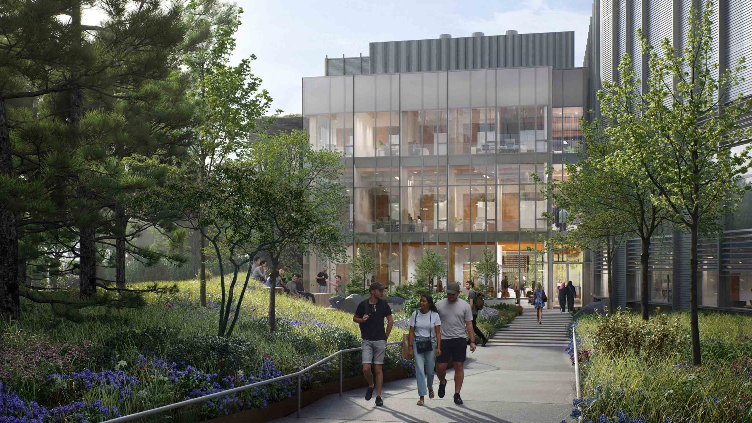 Rendering of new engineering building. People are walking on sidewalk in front of building with lots of glass windows. It appears to be just before dusk.