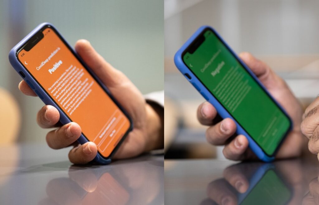 Smartphone screens showing positive (left) and negative (right) test results