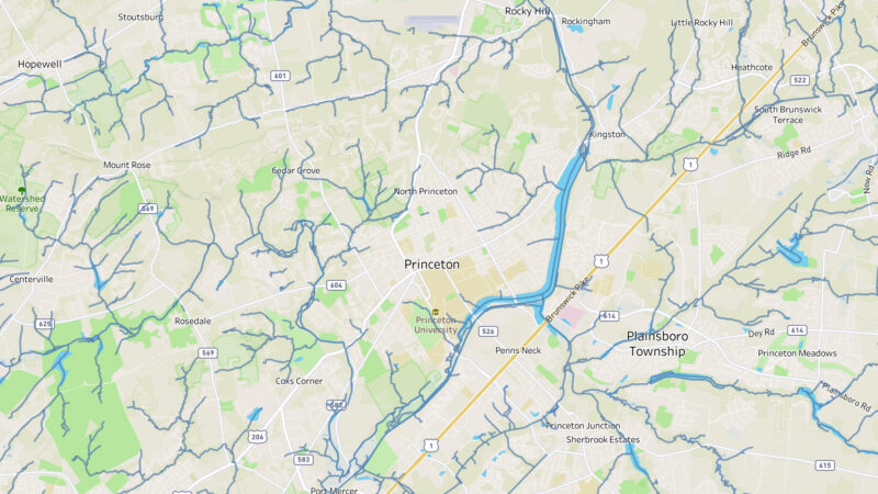 Map of Princeton area with waterways highlighted