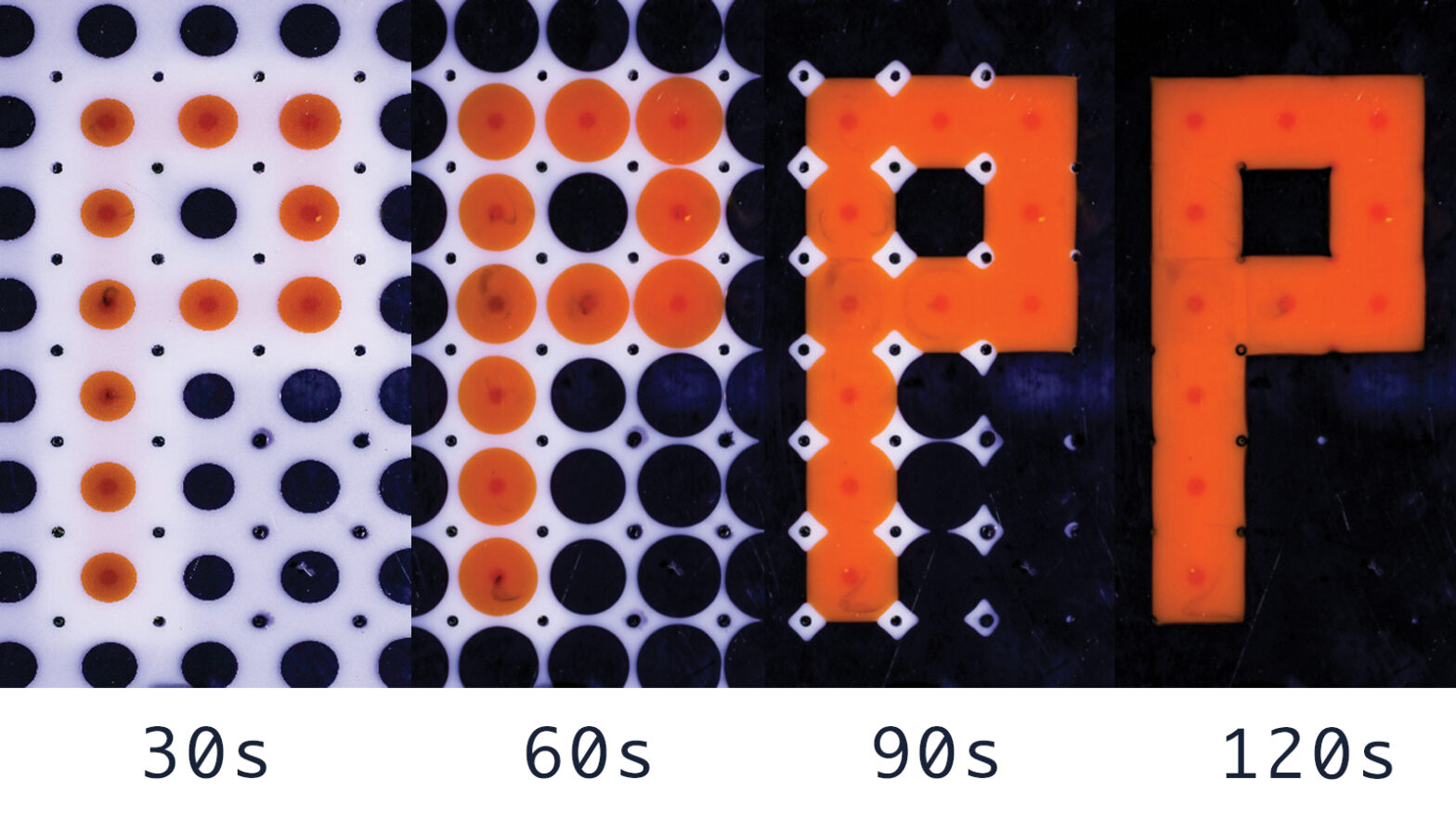 four images showing progress of dots spreading to form a composite P