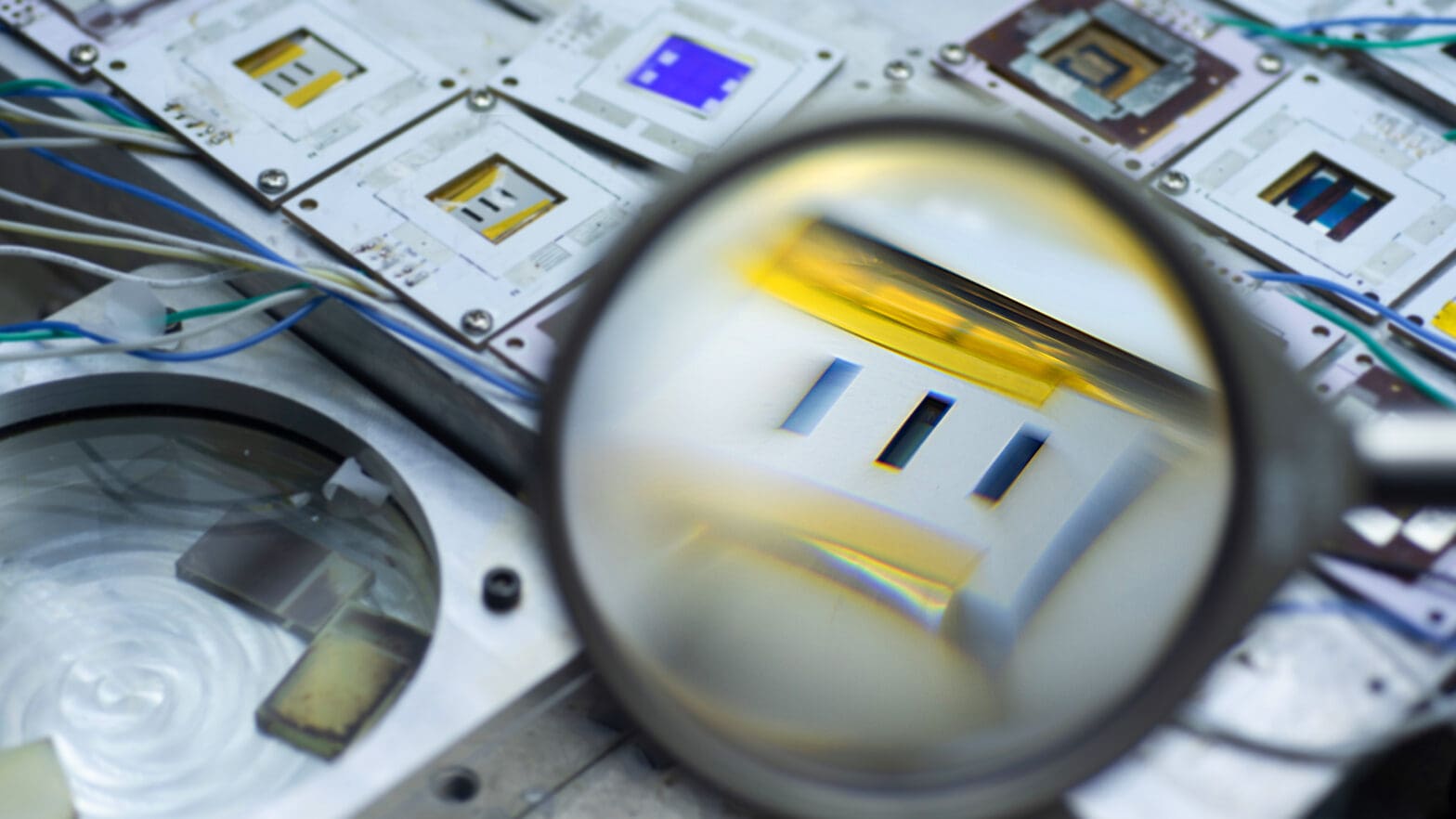 a magnifying glass enlarges part of a perovskite solar cell