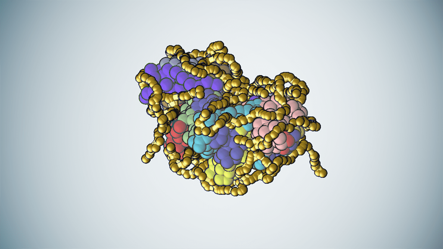 a protein molecule wrapped in gold polymer strands