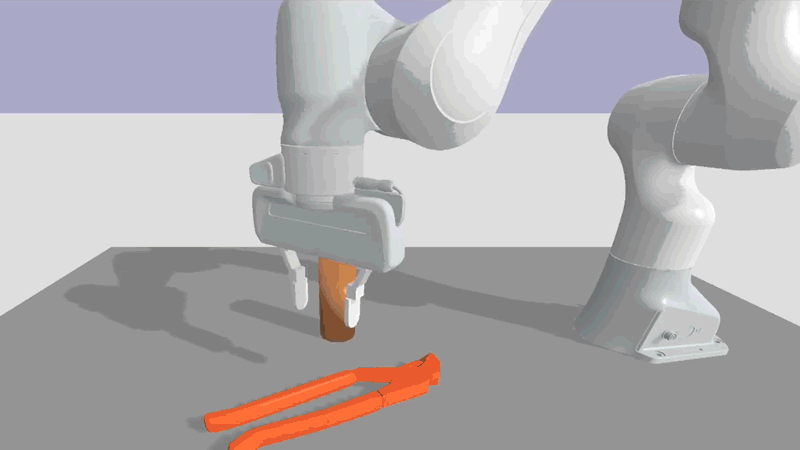Animation of a robotic arm using a wrench to push a cylinder