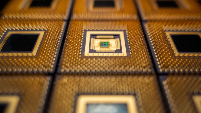 gold pins on the underside of an advanced chip