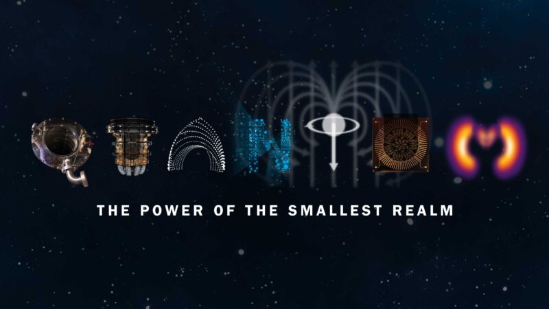 The word QUANTUM written in letters made of images that evoke quantum behaviors, plus tagline underneath saying "The Power of the Smallest Realm"