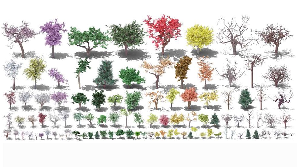 An array of graphical trees with lots of variation.