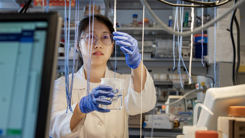 Woman handles strings to extract lithium salts.