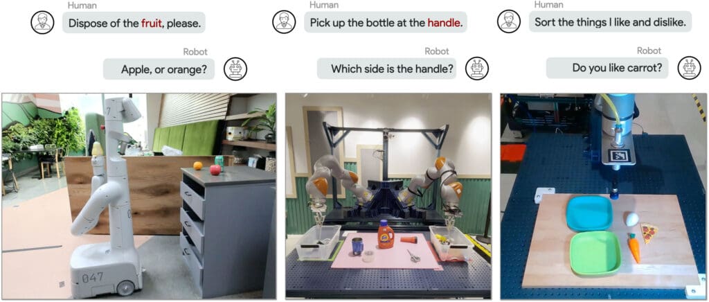 Photos of three different hardware experiments testing a new method for programming robots to know when they don't know: one asking a wheeled robot to dispose of a piece of fruit in a kitchen, a second asking a pair of robotic arms to pick up a bottle by its handle, and a third asking a single robotic arm to sort toy food items into categories.