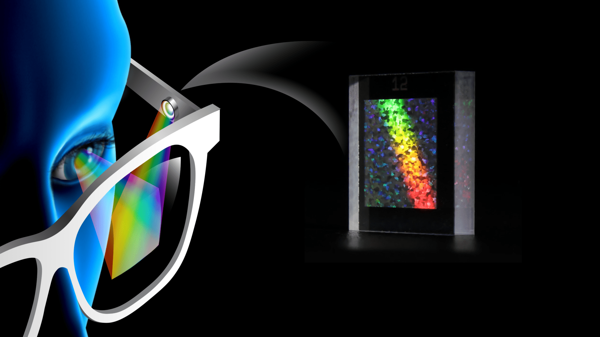 A figure wearing holographic displays glasses, a chip on the leg of the eyeglasses beaming colored light onto the inside of the lens of the glasses.