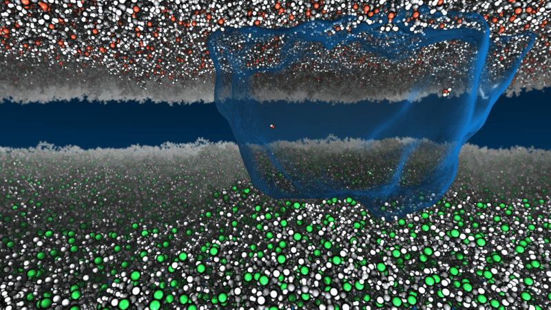 Computer simulation graphic showing hundreds of thousands of atoms in two planes, representing two surfaces, with an abstract web-like channel showing how charge carriers move between the surfaces.