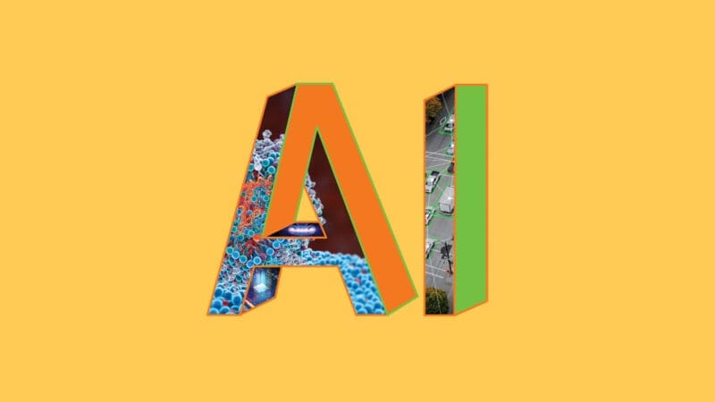 The letters AI filled with colorful scientific images.