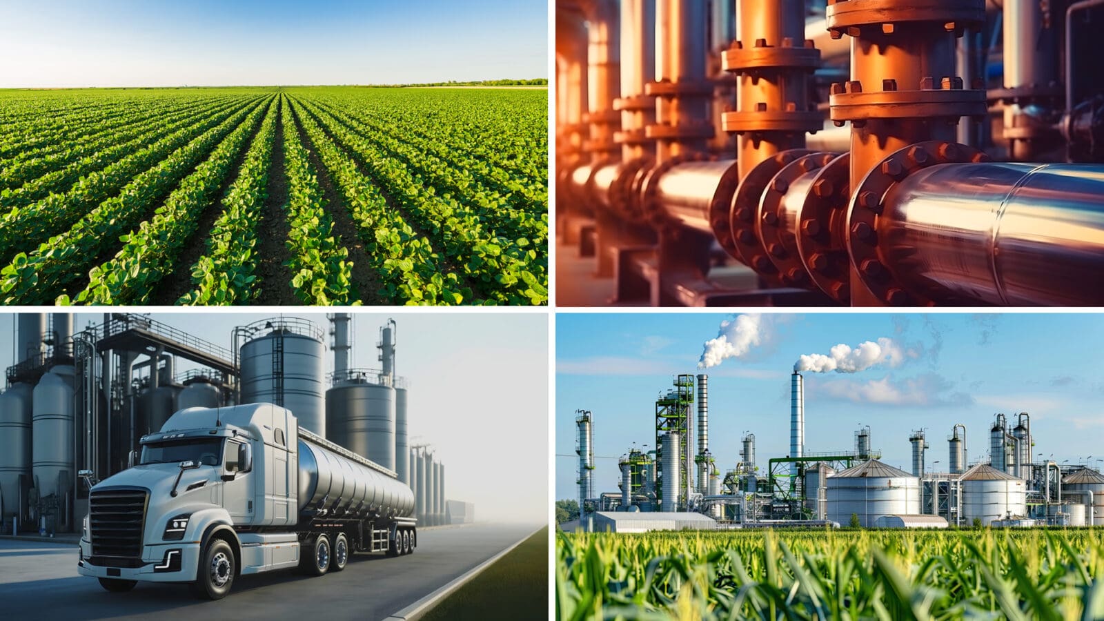 Four-panel composite: green crop field, copper-colored industrial pipes, biorefinery, and a tanker truck
