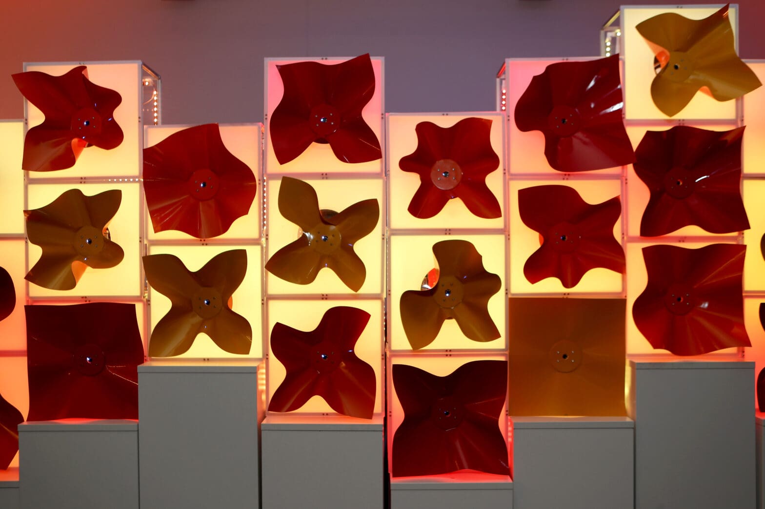 Colorful wall of robotic flowers, backlit.