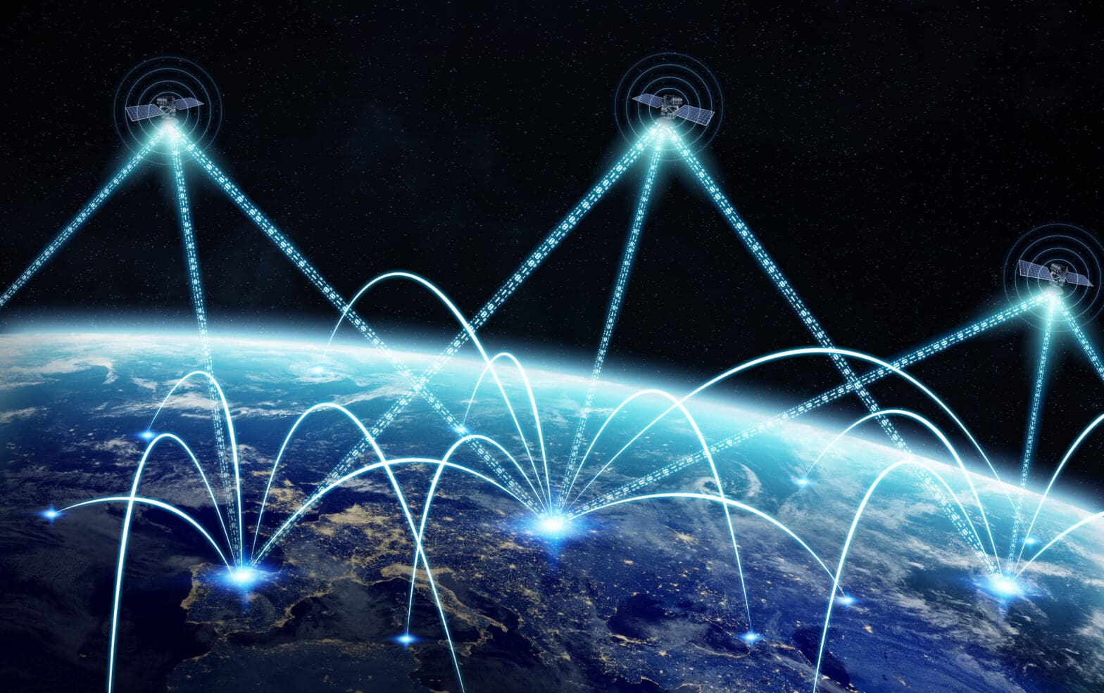 Rendering of global satellite network transmitting signal beams to Earth.