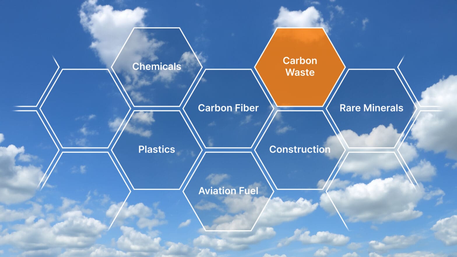 Graphic showing hexagonal lattice over blue sky and clouds.