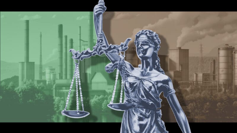 In a collage, Lady Justice stands in front of a coal-fired power plant.