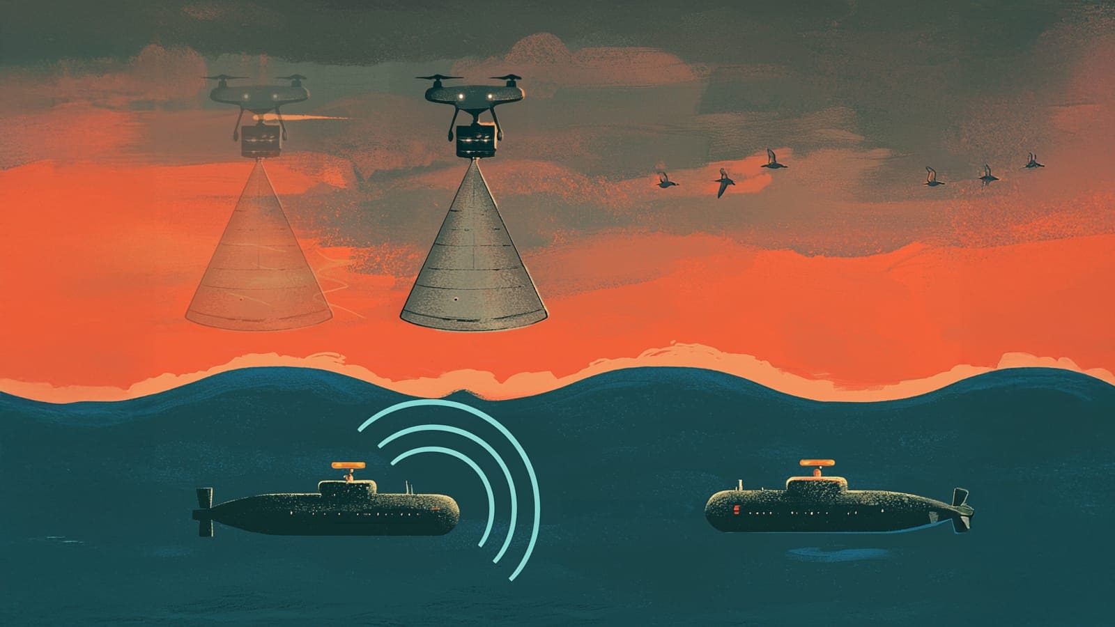 Illustration of a submarine transmitting sound waves underwater while a drone hovers in the air above the surface to intercept the signal.