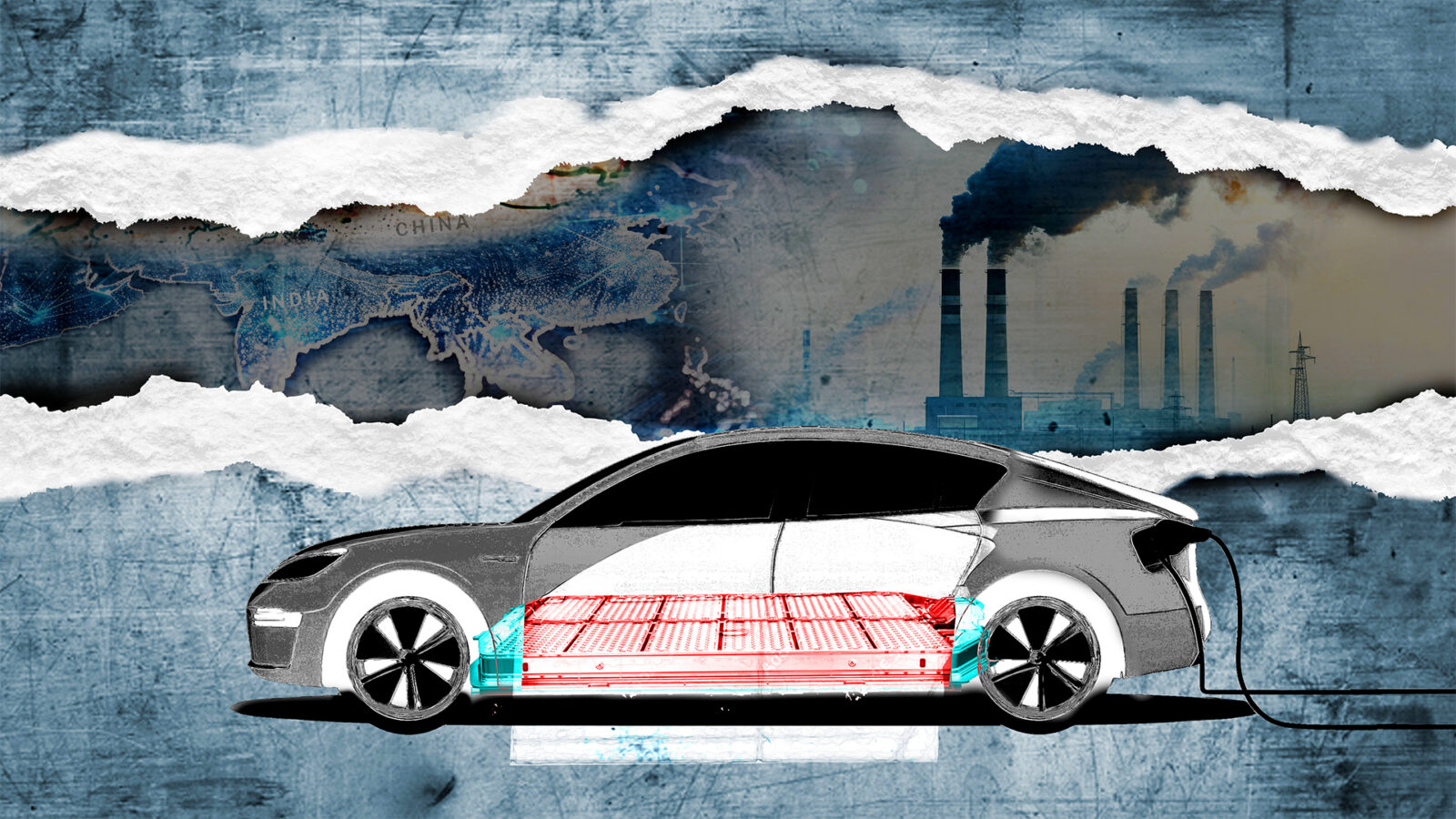 Illustration of an electric car plugged in, with its battery visible. Background shows a map of China and India, and smokestacks emitting pollution, symbolizing energy and environmental themes.