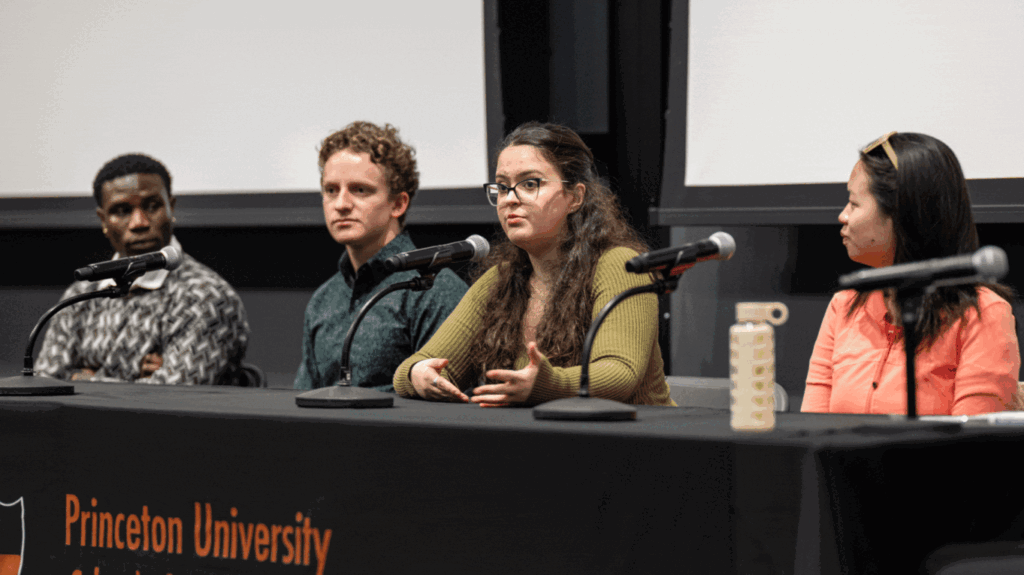 Four panelists onstage before a blank screen