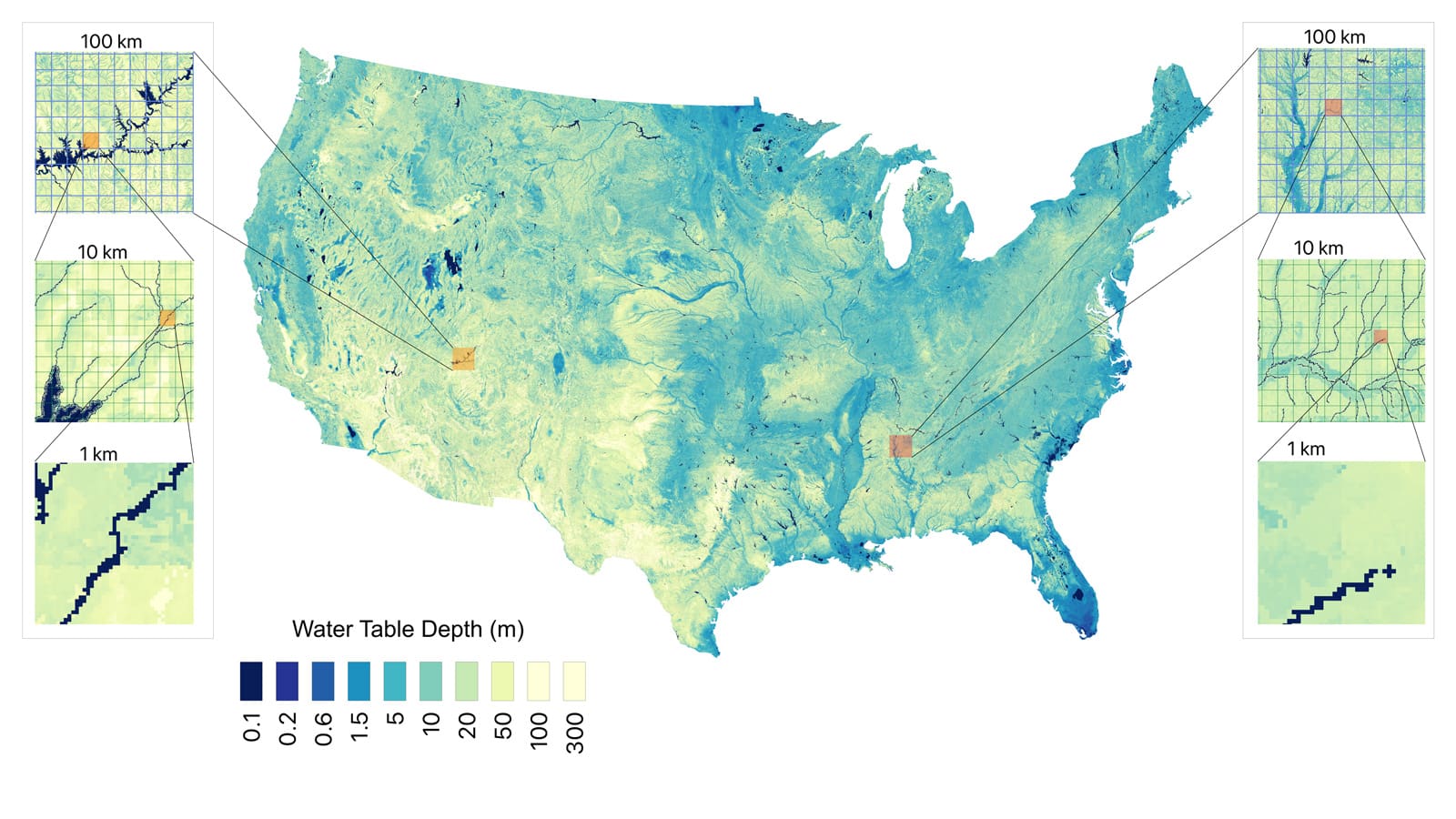 A map of the United States illustrating the depth of groundwater across the country.