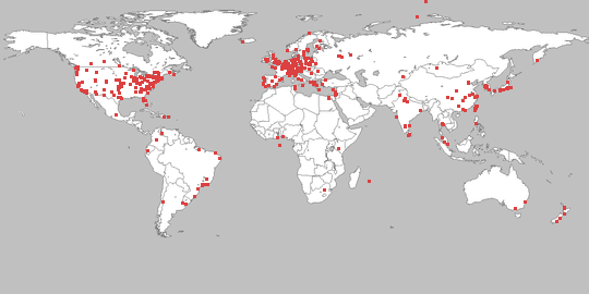 A map of the world with red dots for server nodes