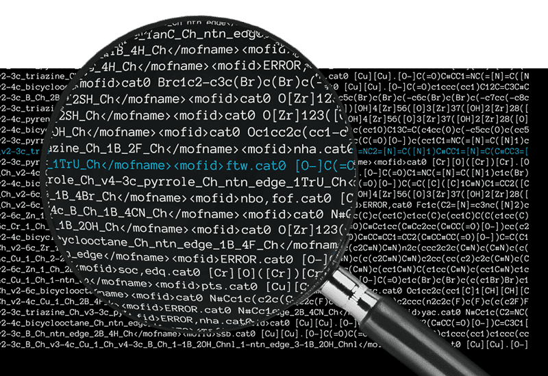 A magnifying glass focused on a string of blue text within a field of white text