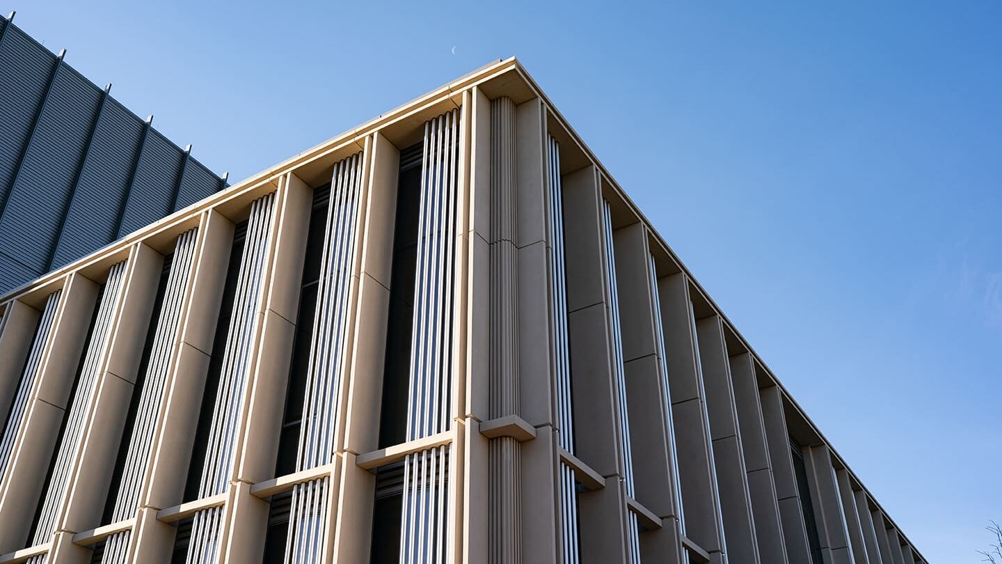 Corner of the building and a bluebird sky.