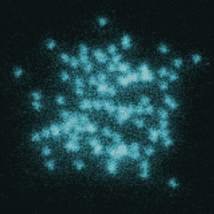 Individual molecules in a quantum gas, represented by blue dots clustered together.