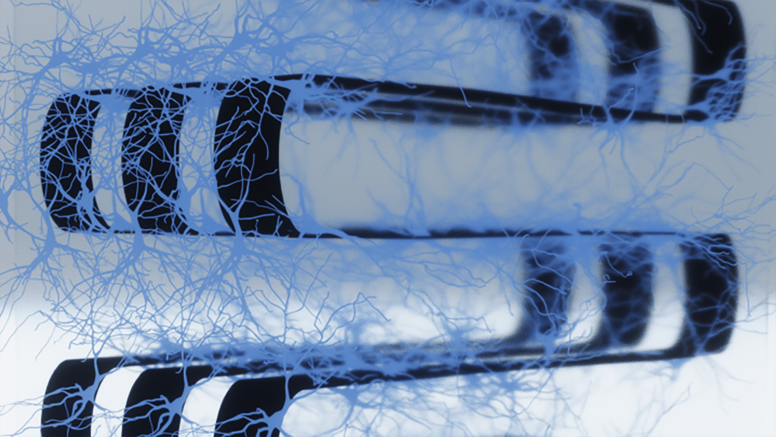 Brain cells twining through a mesh of advanced electronics.