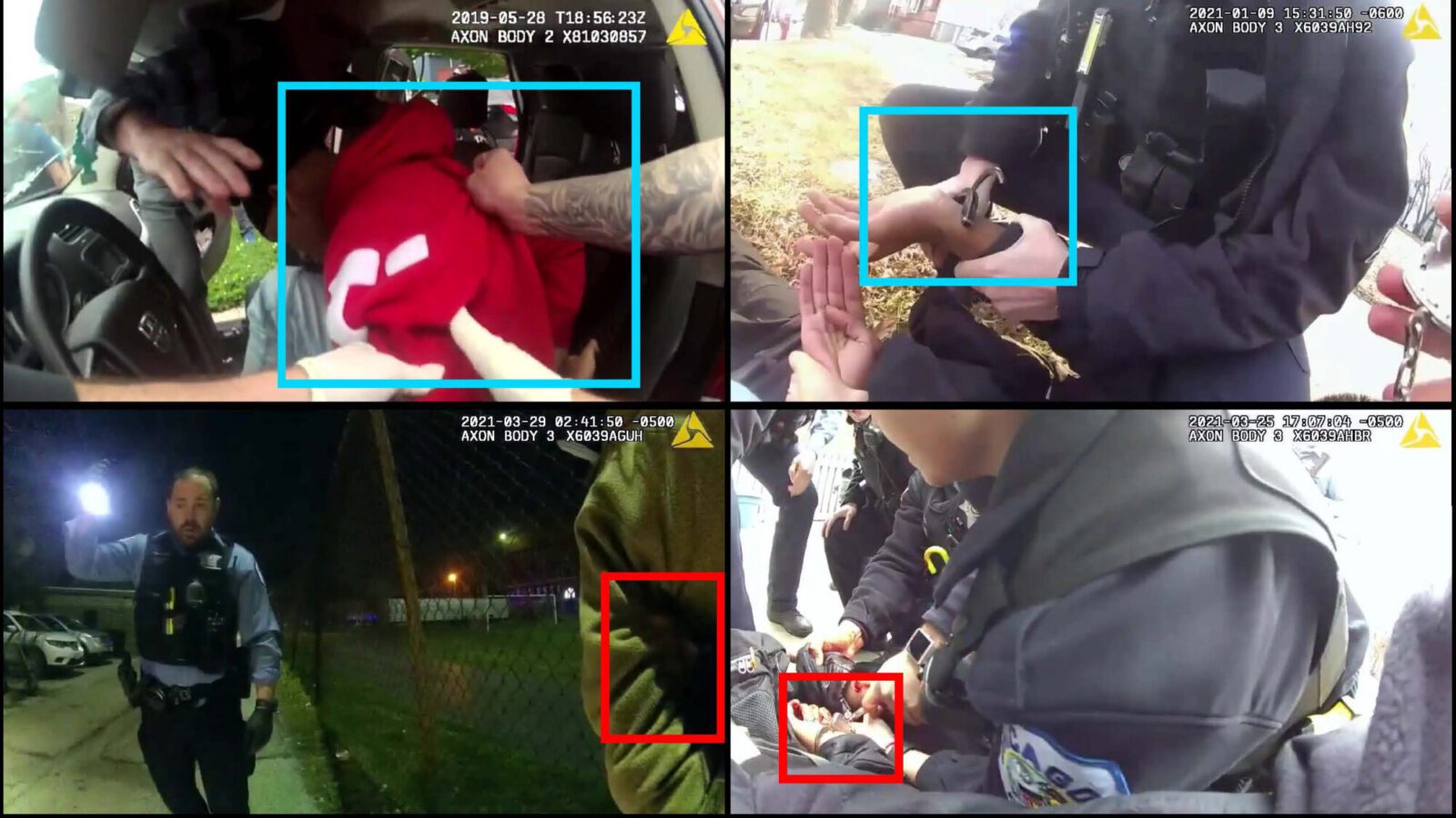 Images from police body camera footage with red and blue squares over important parts of the image.