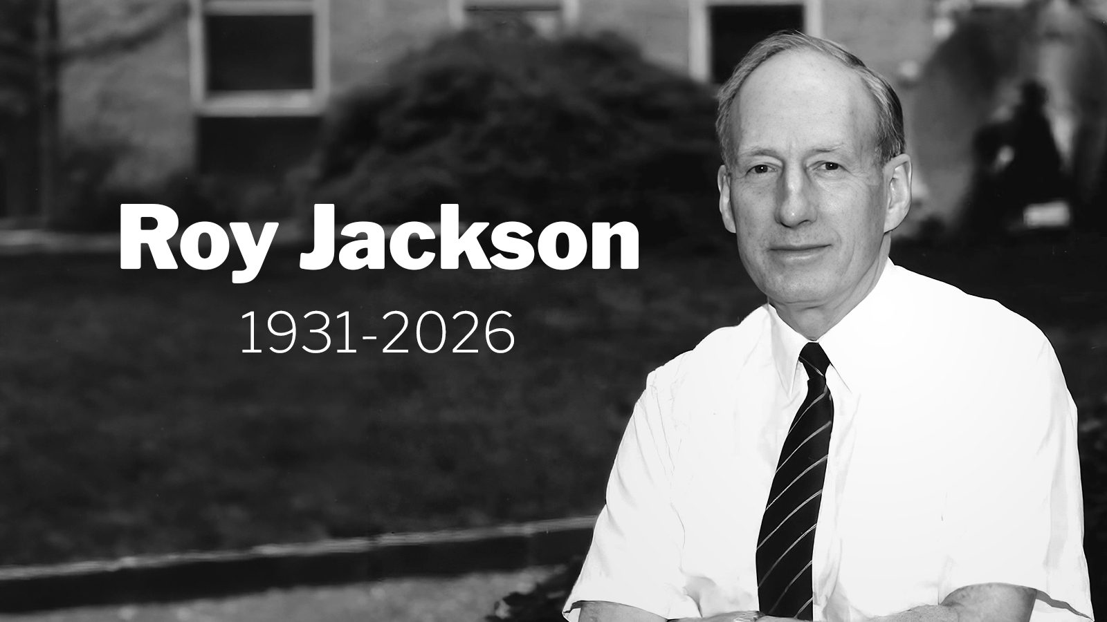 Portrait of Roy Jackson in a shirt and tie next to his name and dates of birth and death
